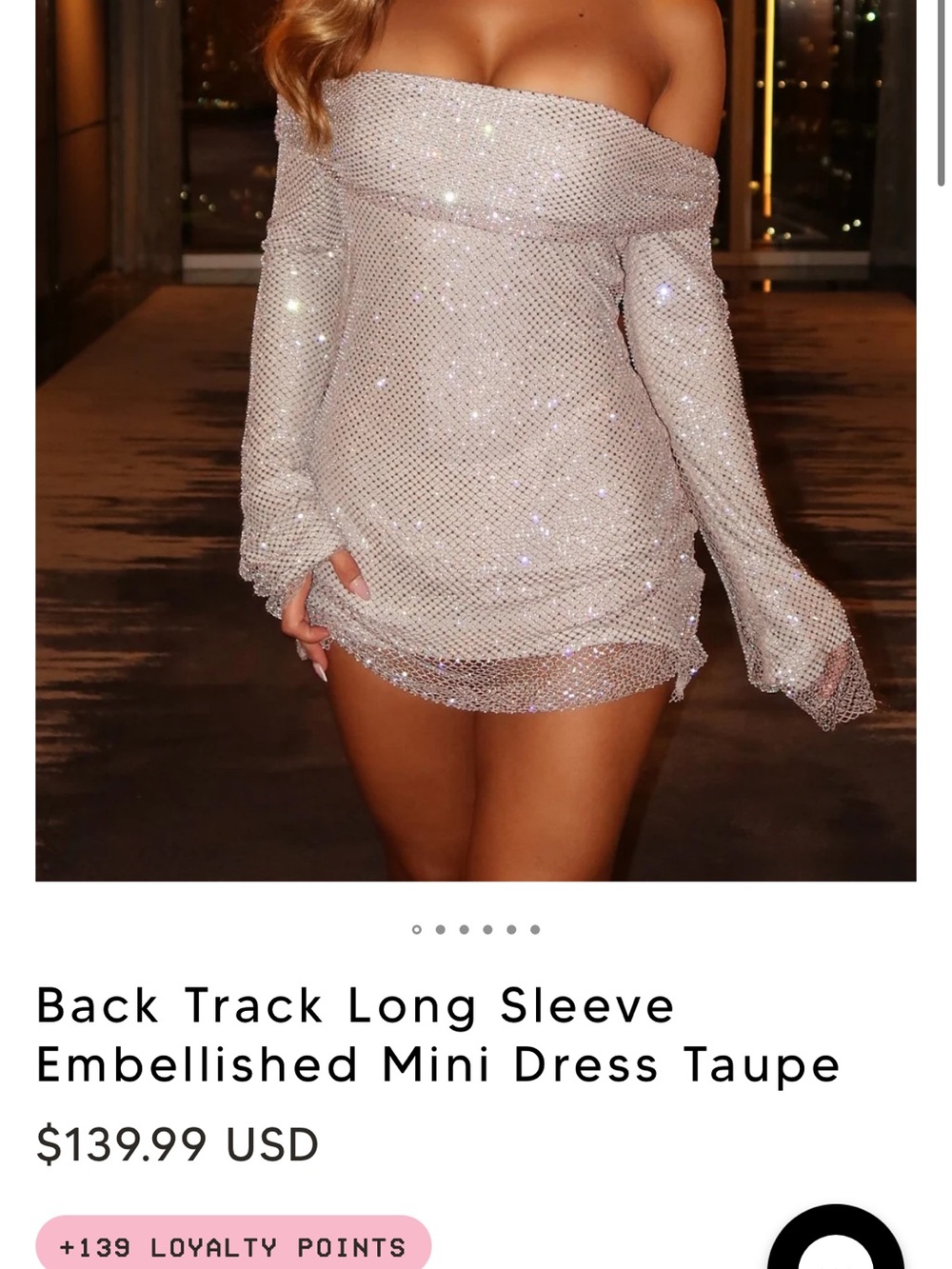 White Fox Boutique Taupe Off-Shoulder Embellished Mini Dress
